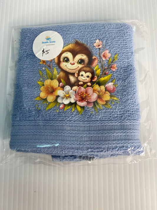Baby Face Washer- Monkey and Baby  on a Blue Washer