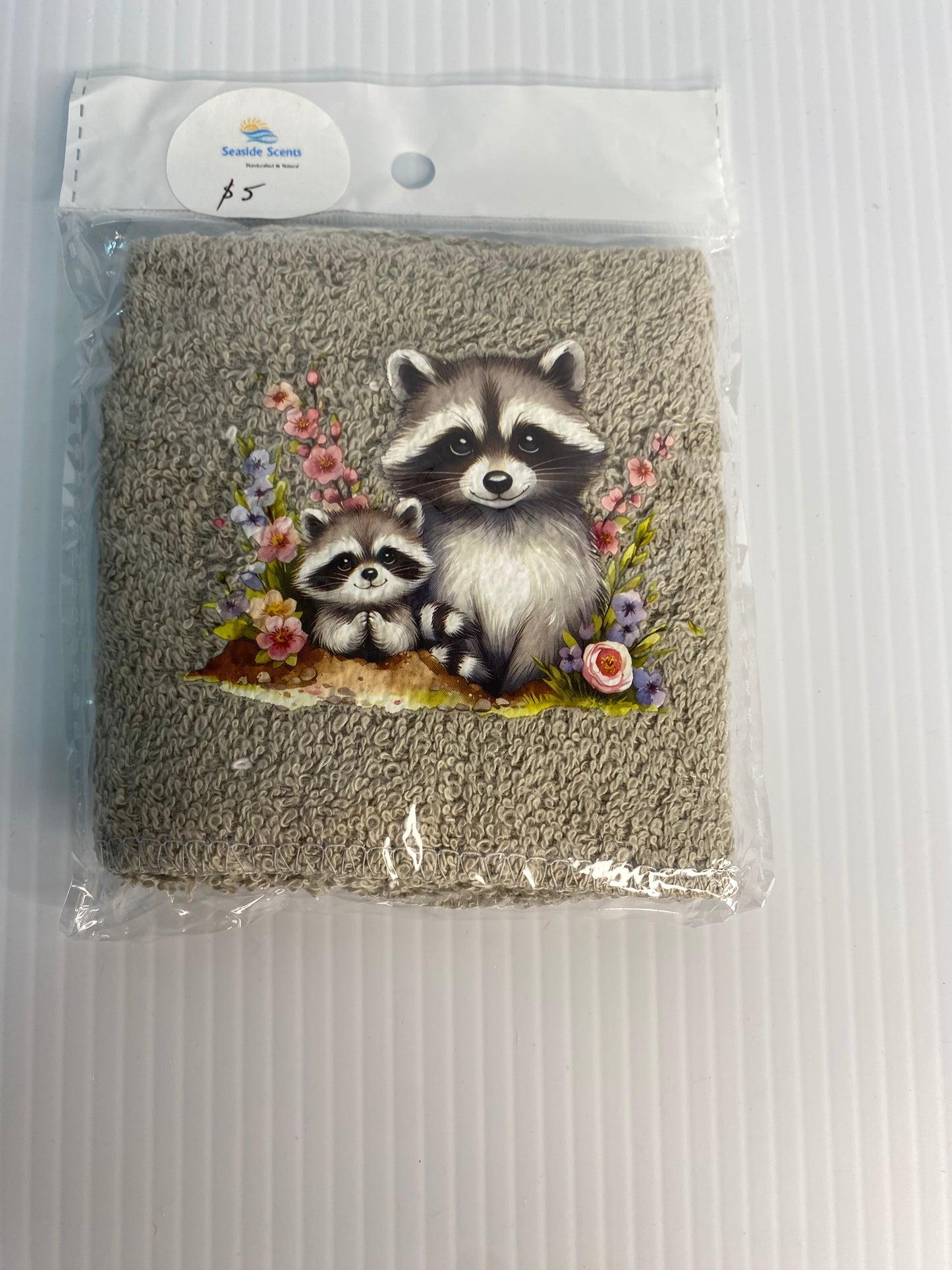 Baby Face Washer- Skunk and Baby  on a Grey Washer