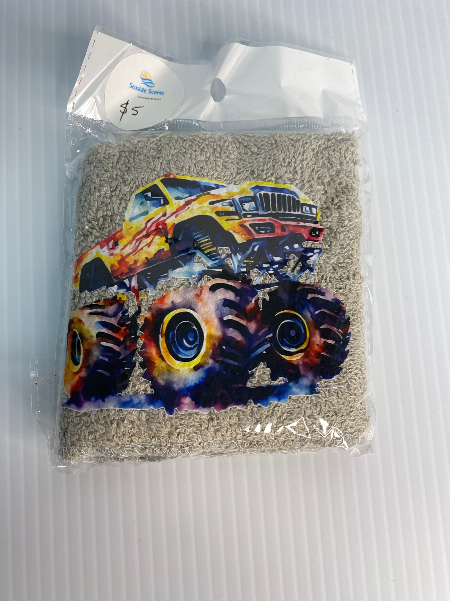 Baby Face Washer- Monster Truck  on a Grey Washer