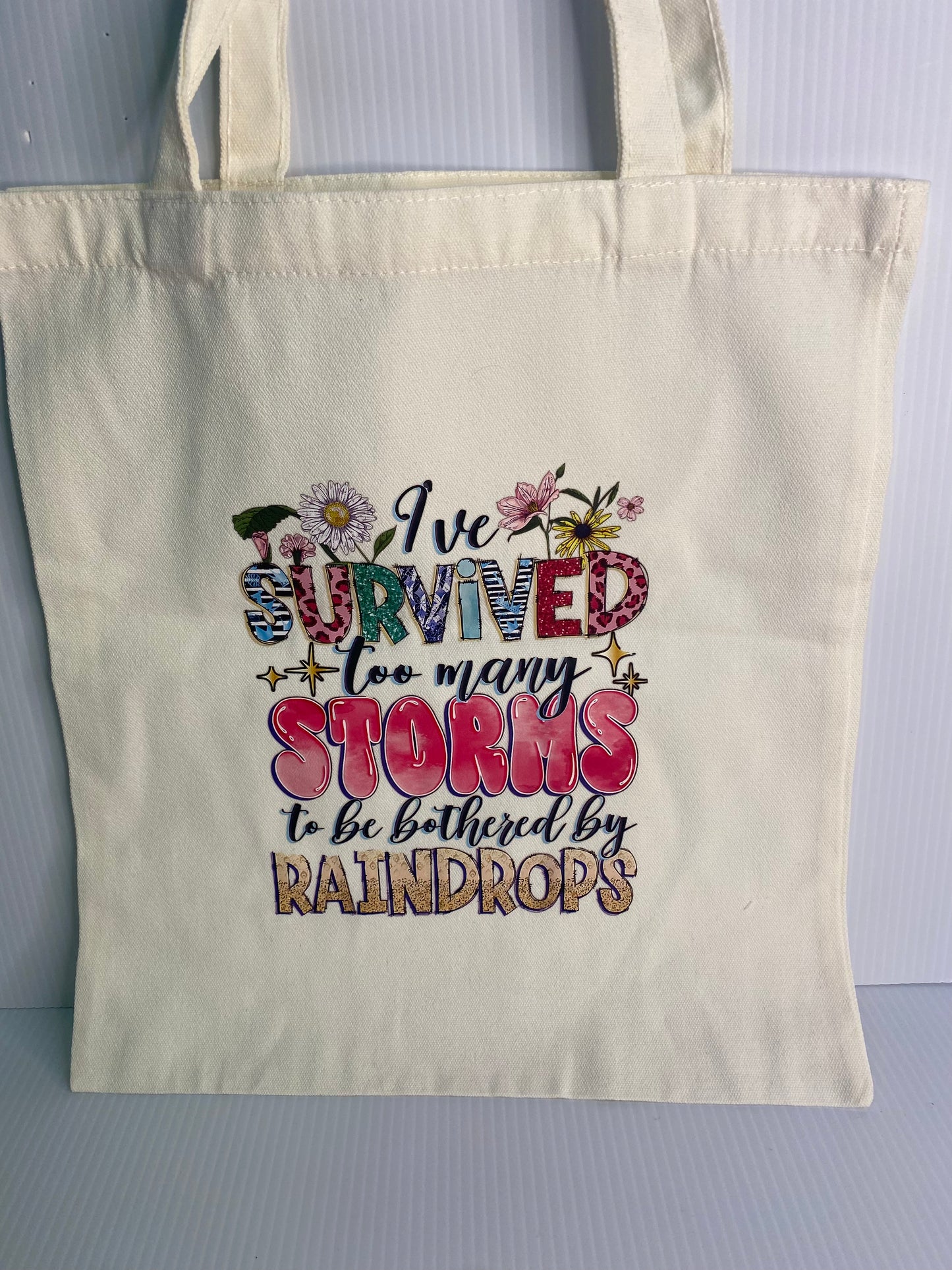 Tote Bag - Sublimated Design, I survived too many Storms.  Pink Flower