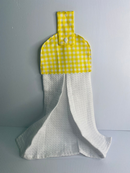 Hanging  Hand Towel  - White Waffle Towel with Yellow & White Check