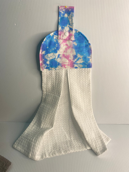 Hanging  Hand Towel  - White Waffle Towel with Blue Pink and White Splotches