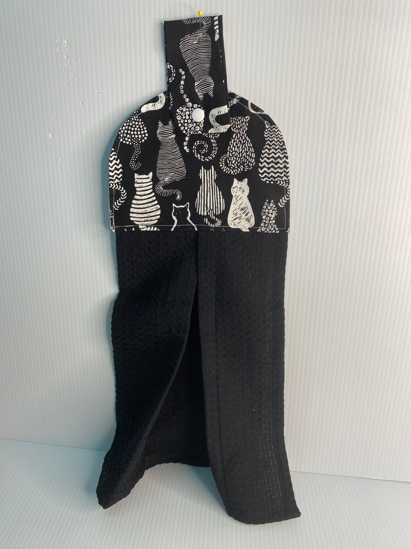 Hanging  Hand Towel  - Black Waffle Towel with Cats