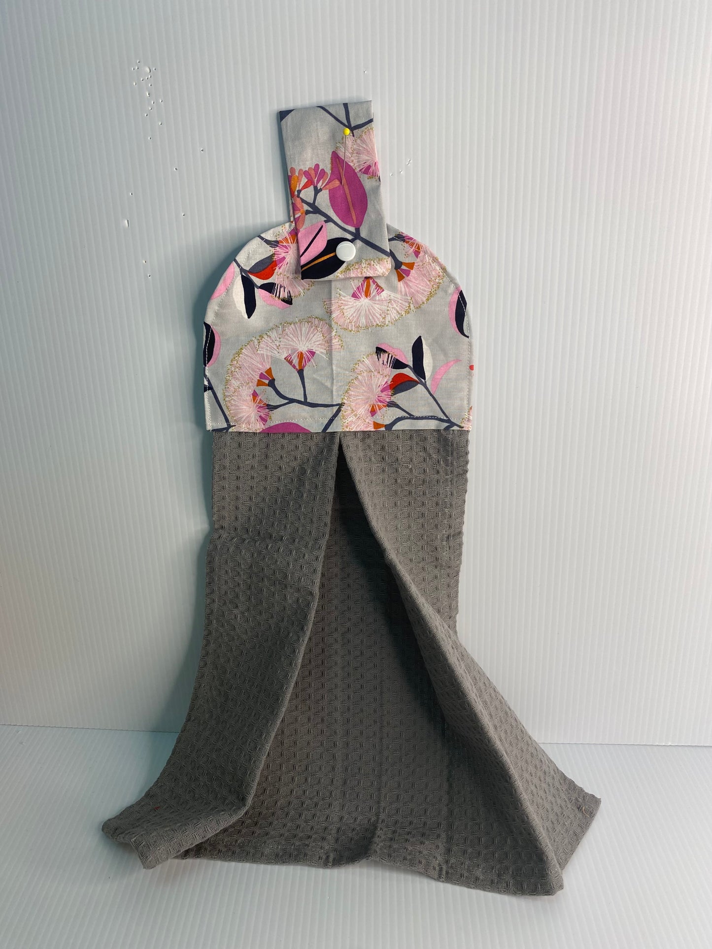 Hanging  Hand Towel  -Grey Waffle Towel with Gum Tree Flowers