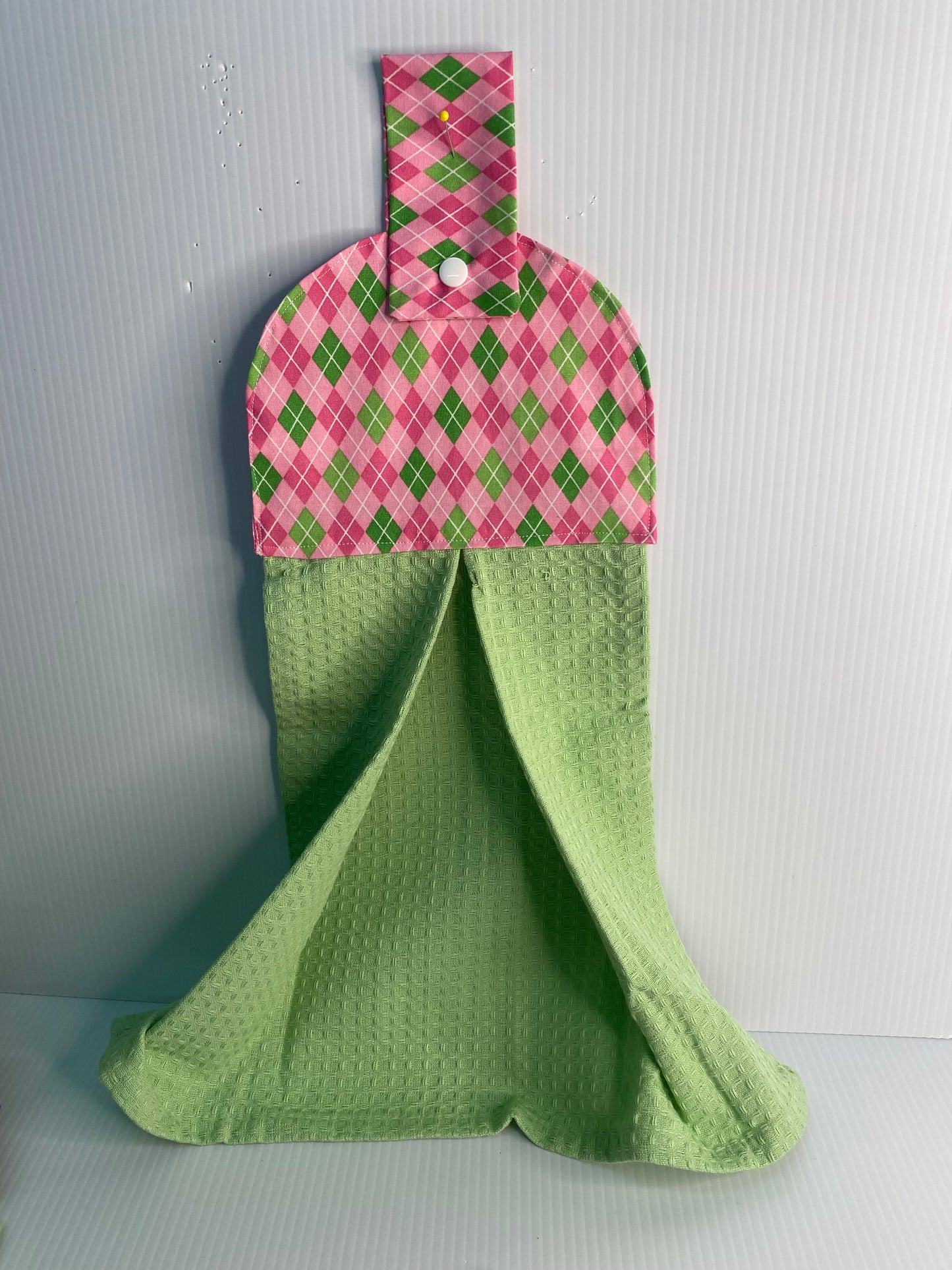 Hanging  Hand Towel  -Green Waffle Towel with Pink Diamonds
