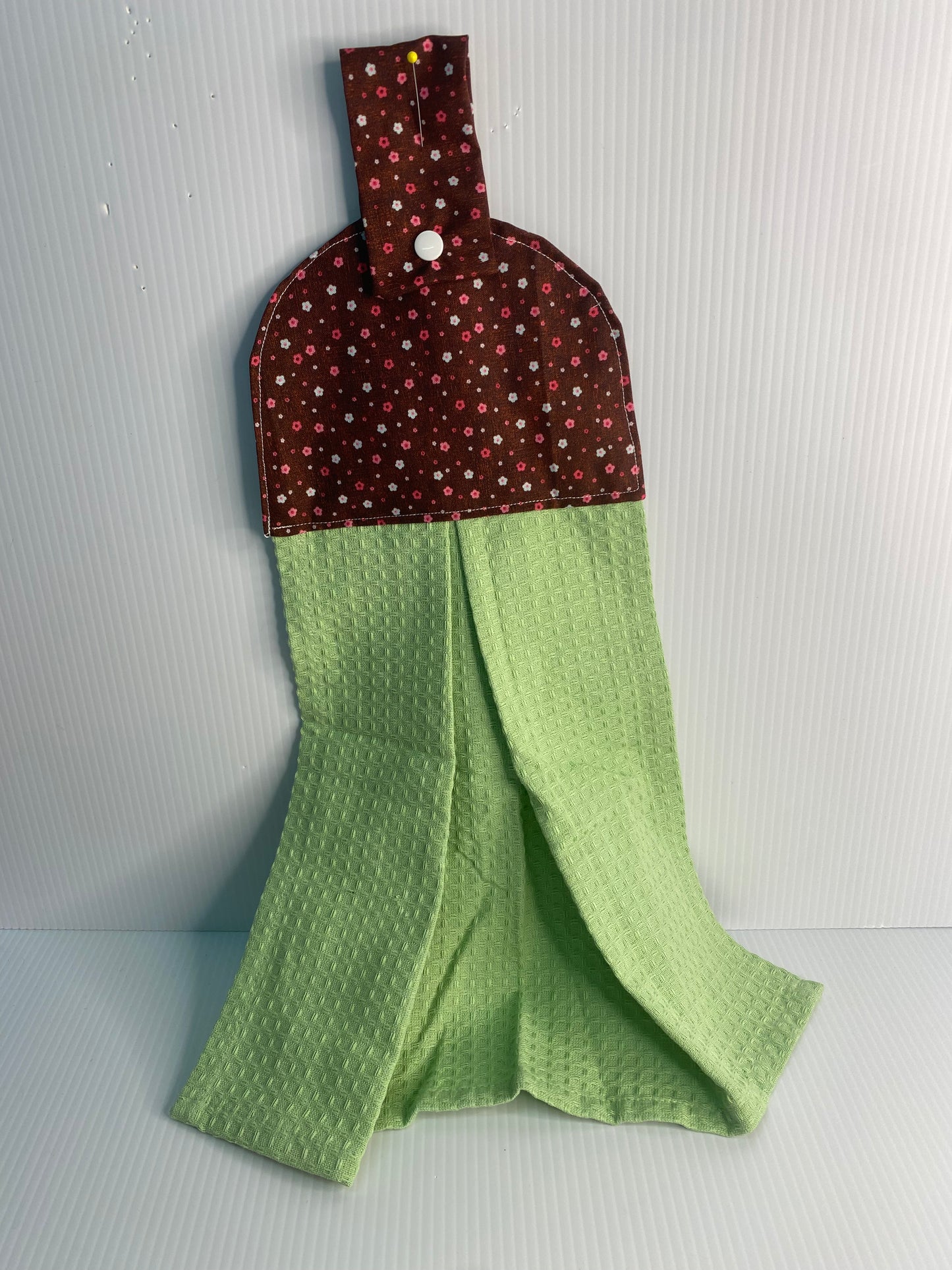 Hanging  Hand Towel  -Green Waffle Towel with Brown and Tiny Flowers
