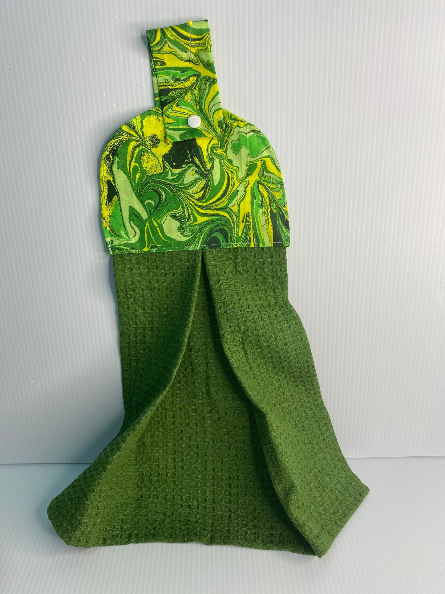 Hanging  Hand Towel  -Green Waffle Towel with Green & Yellow Swirls