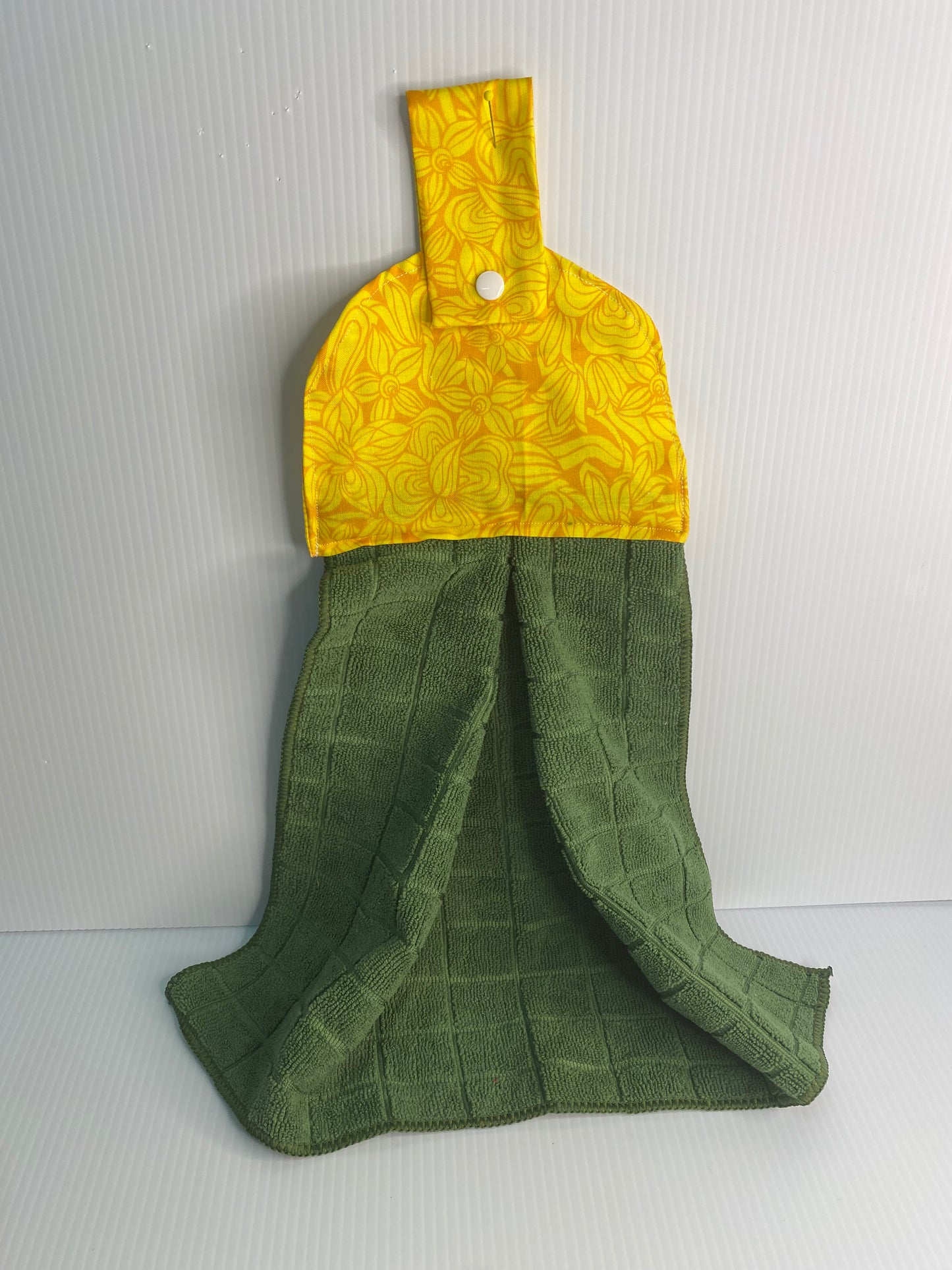 Hanging  Hand Towel  -Green  Towel with Orange Flowers on Yellow