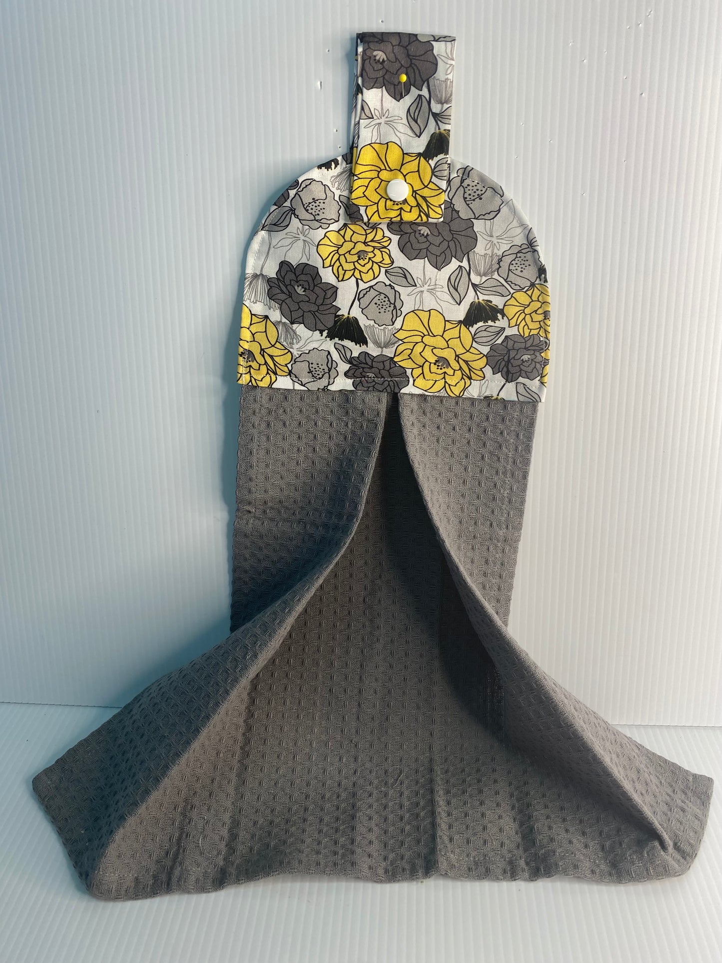 Hanging  Hand Towel  -Grey Waffle Towel with Yellow & Grey Flowers