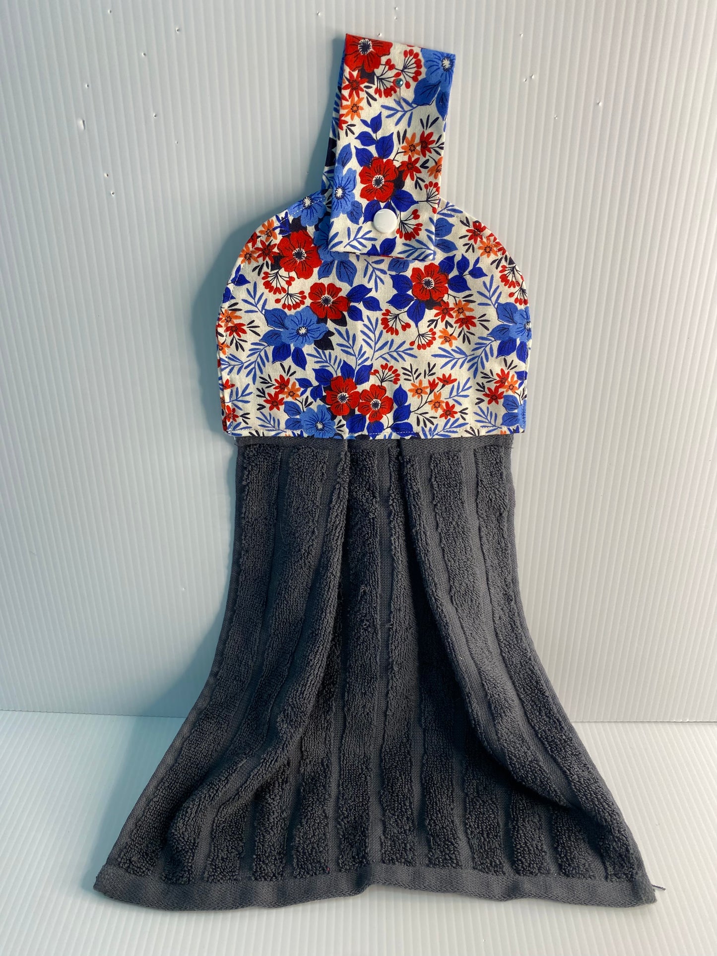 Hanging  Hand Towel - Grey Towel with Red and Blue Floral Top