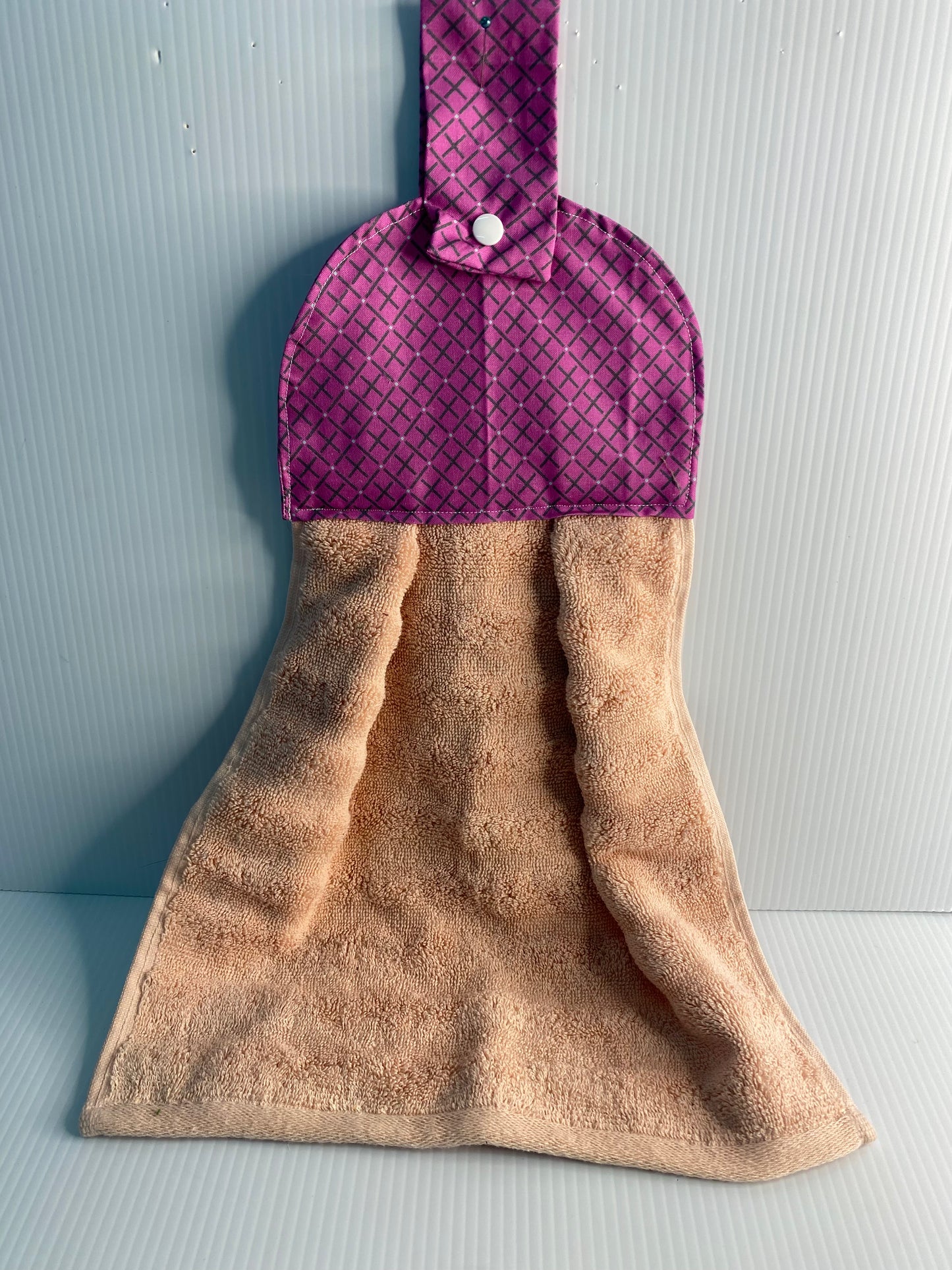 Hanging  Hand Towel - Apricot Towel with Purple Diamonds