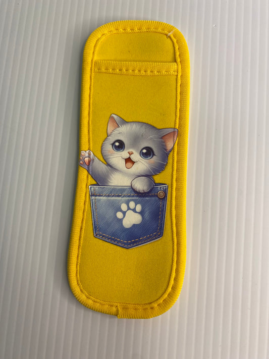 REUSABLE ICY POLE HOLDER, Patterned Ice Pop Covers, Pussy in Pocket Yellow