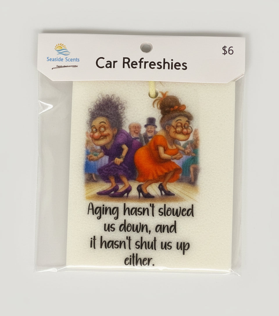 Car refreshment packet with cartoon illustration and humorous text on a beige background