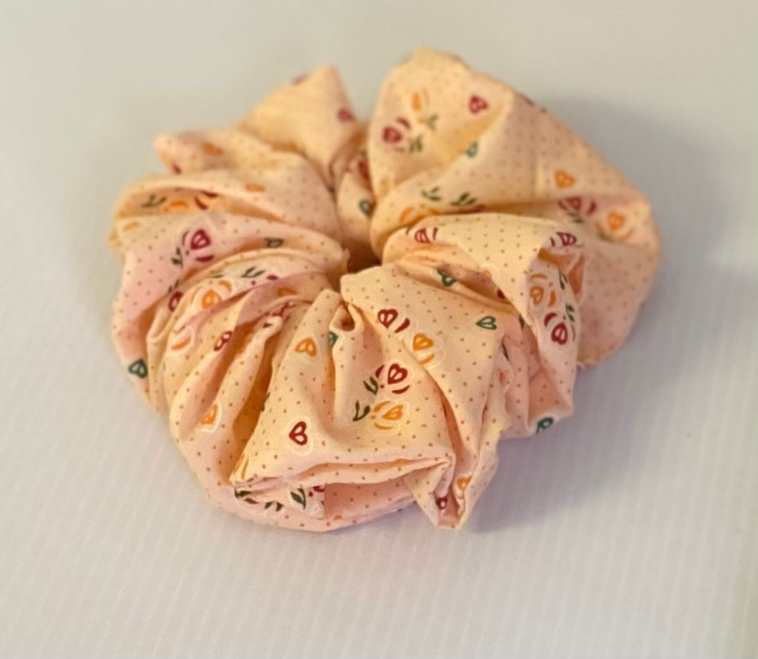 Hair Scrunchies XXL - Apricot with small Flowers And Hearts