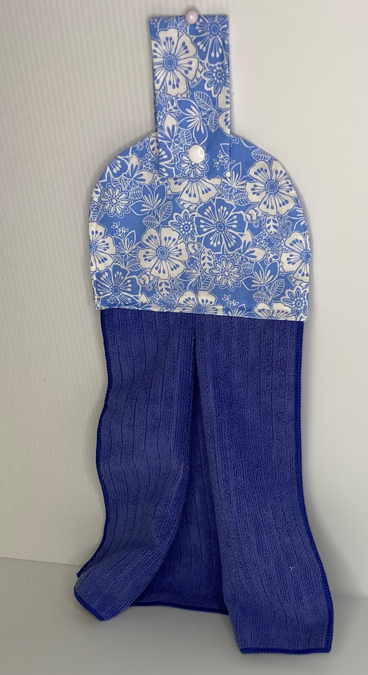 Hanging  Hand Towel - Blue Towel with Blue And White Flowers on Top