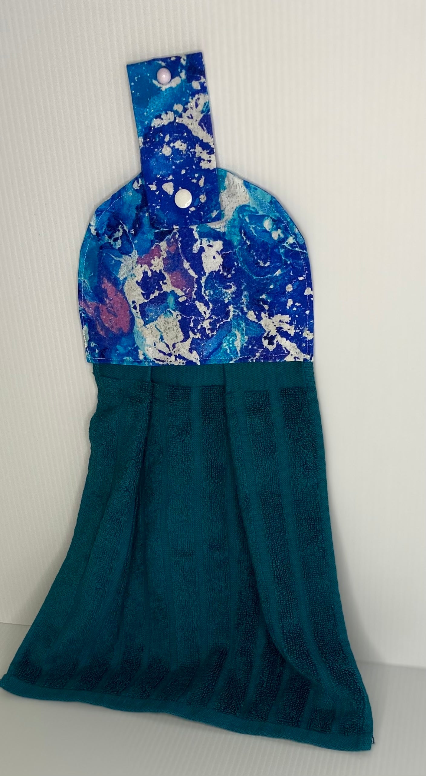 Hanging  Hand Towel - Green Towel with Blue Splats Top