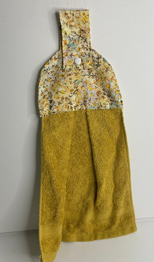 Hanging  Hand Towel - Mustard with Brown Leaf Print