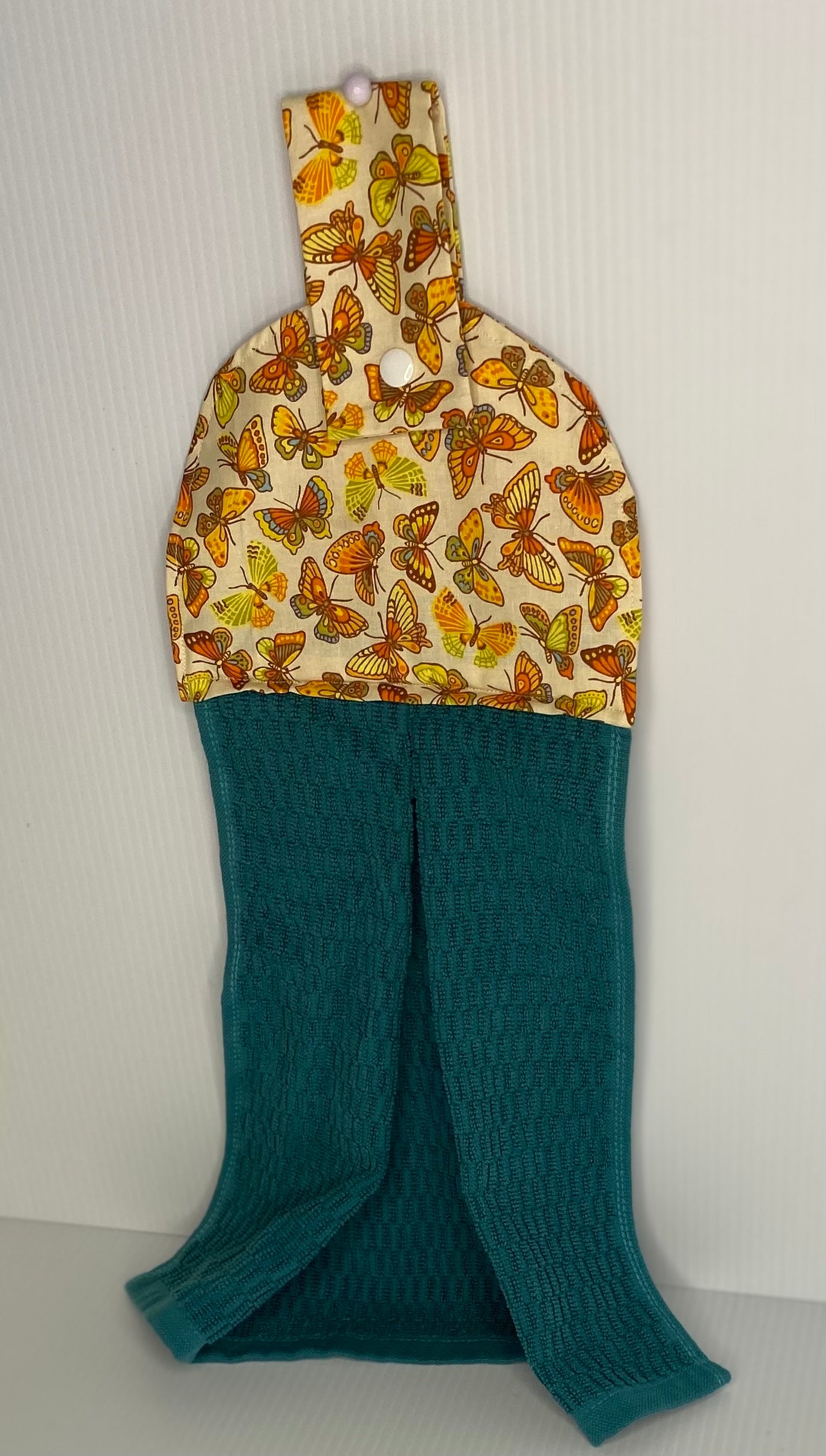 Hanging  Hand Towel -Green Towel with Yellow Butterflies on Top