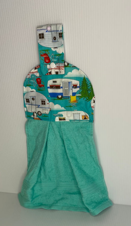 Hanging  Hand Towel -Green Towel with Caravans on Top