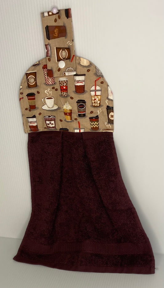 Hanging  Hand Towel -Brown Towel with Coffee Cups on Top