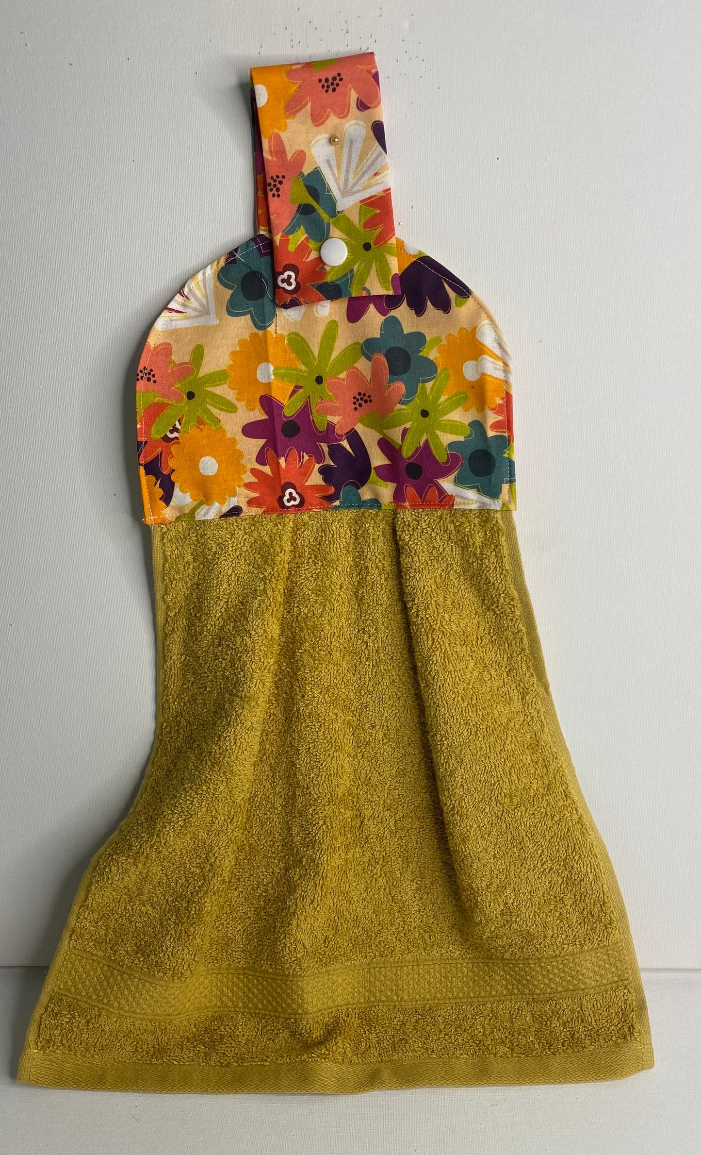 Hanging  Hand Towel - Mustard with Multi Coloured Daisies