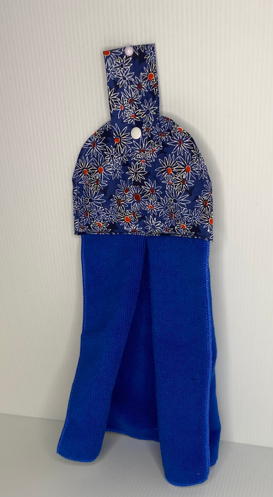 Hanging  Hand Towel -Blue Towel with Red Center Daisies on Top