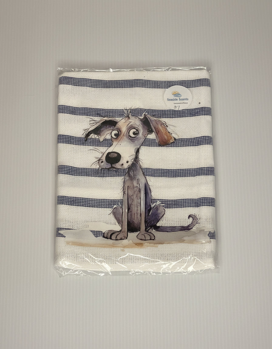 Tea Towel - Blue Striped with cute Dog