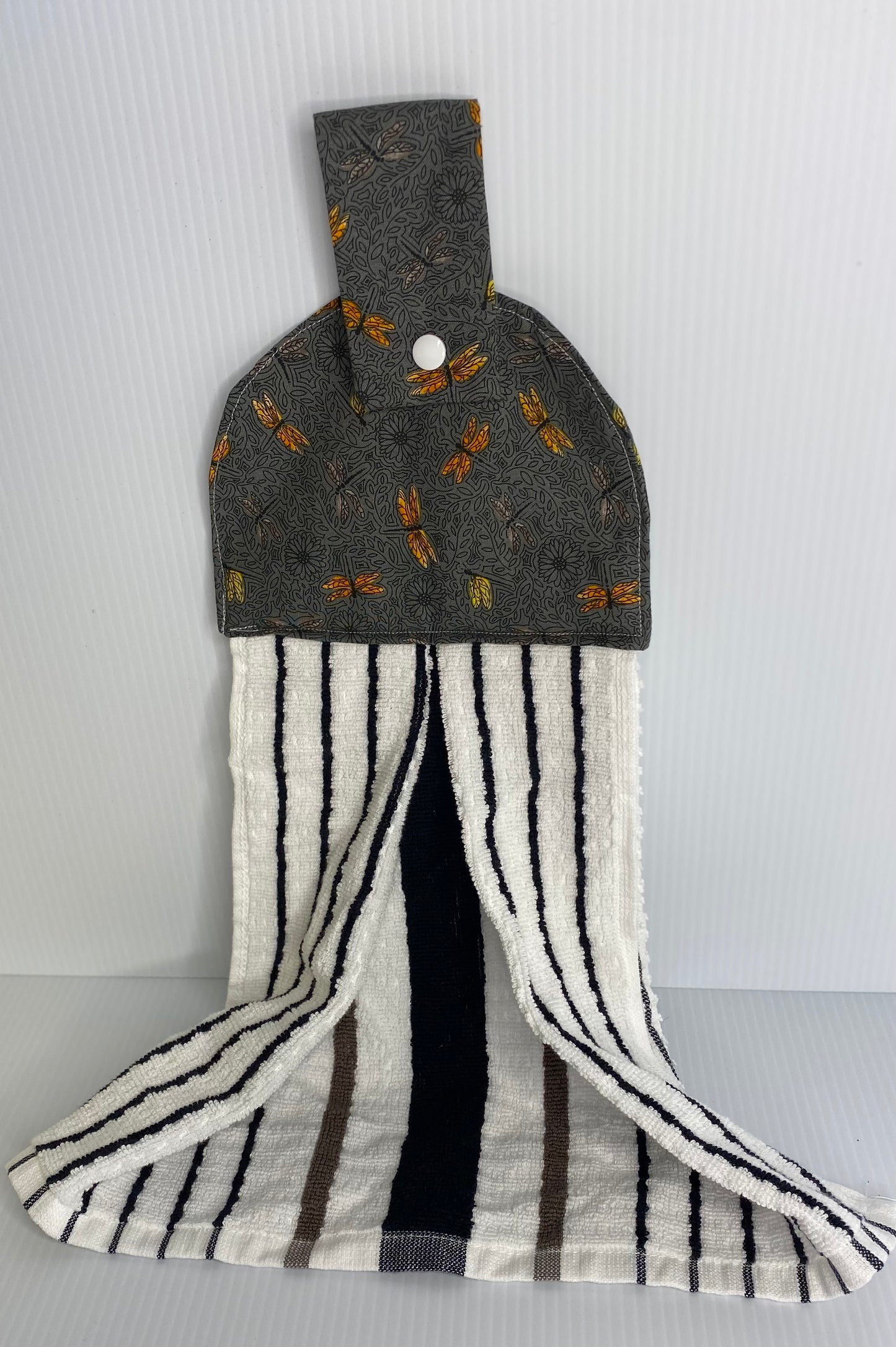 Hanging  Hand Towel -Black & White Striped Towel with Dragonflies on Top
