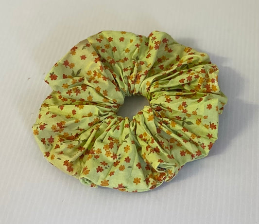 Hair Scrunchies XXL -Green with Small Brown Flowers