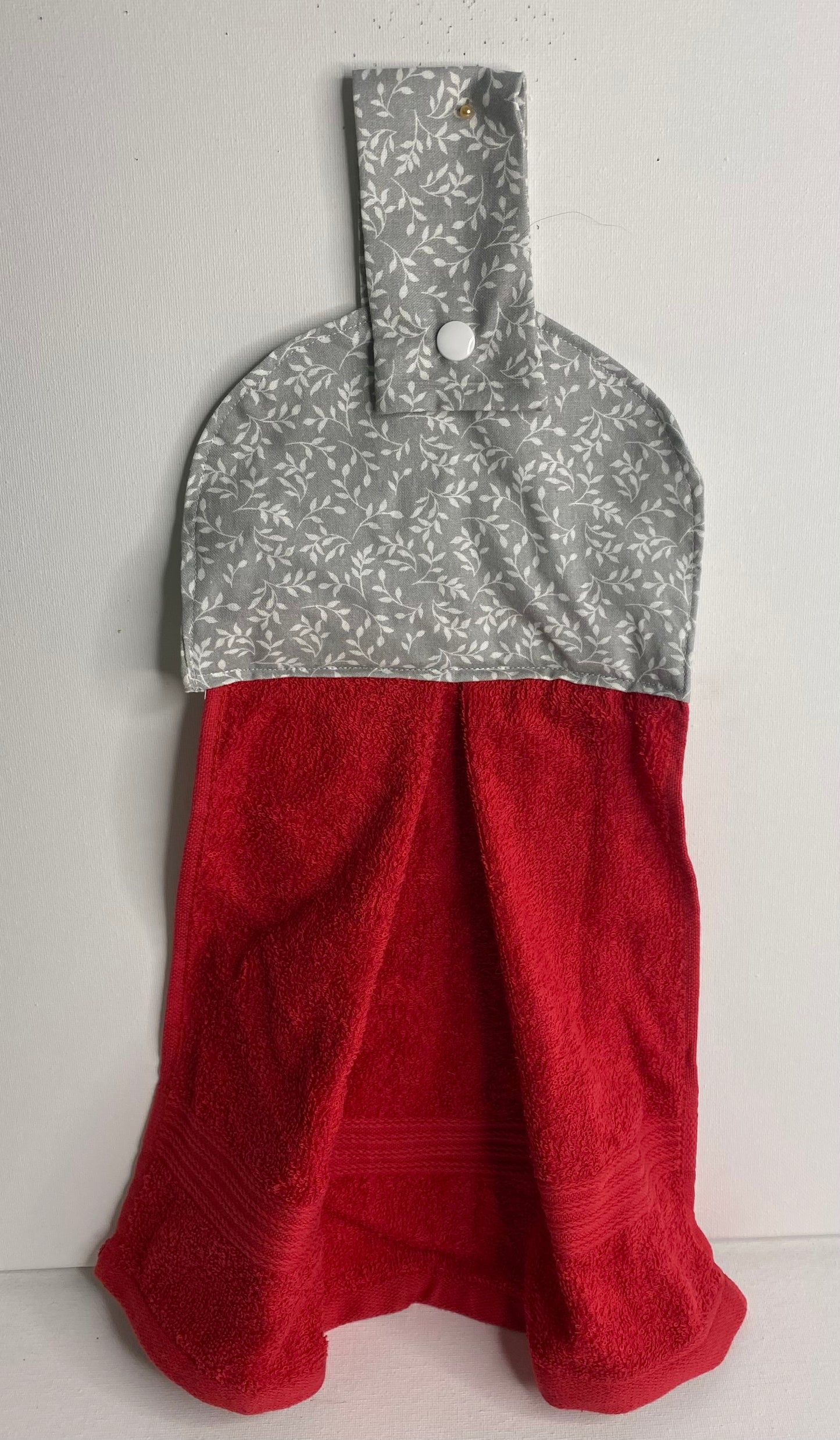 Hanging  Hand Towel Red with Grey Top & White Leaves