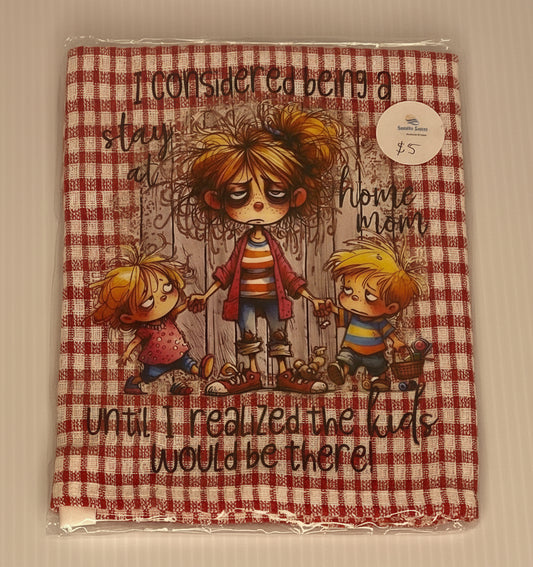 Tea Towel -Red Check Towel with Stay at Home Mum