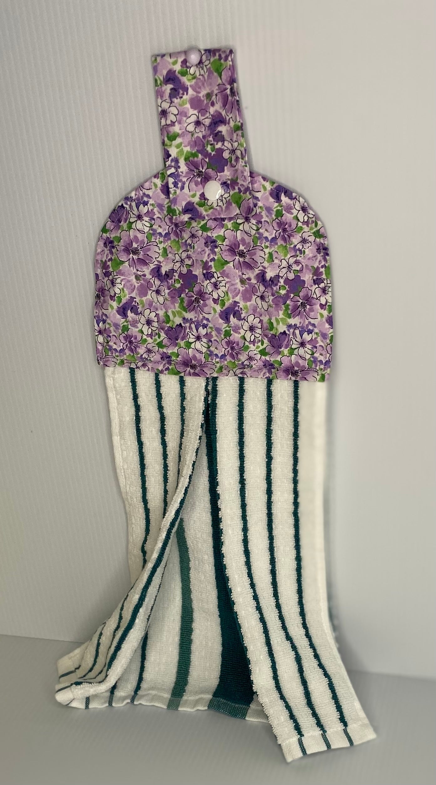 Hanging  Hand Towel  - Green & White stripeTowel with Violet Flowers On Top