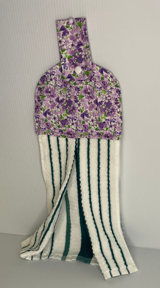 Hanging  Hand Towel  - Green & White stripeTowel with Violet Flowers On Top