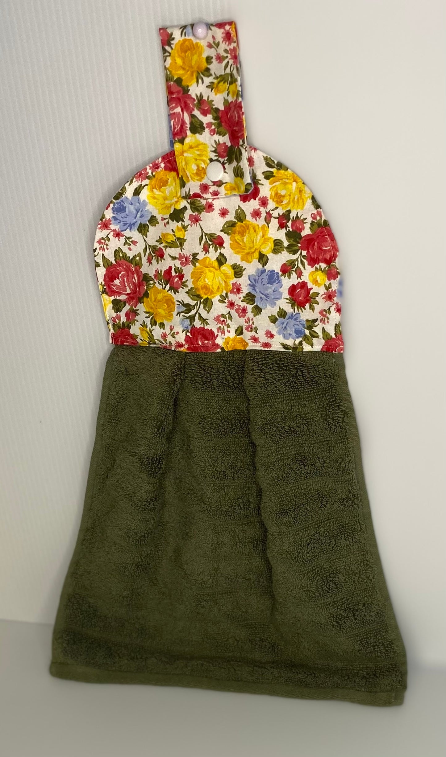 Hanging  Hand Towel  - Green Towel with Yellow & Red Roses Top
