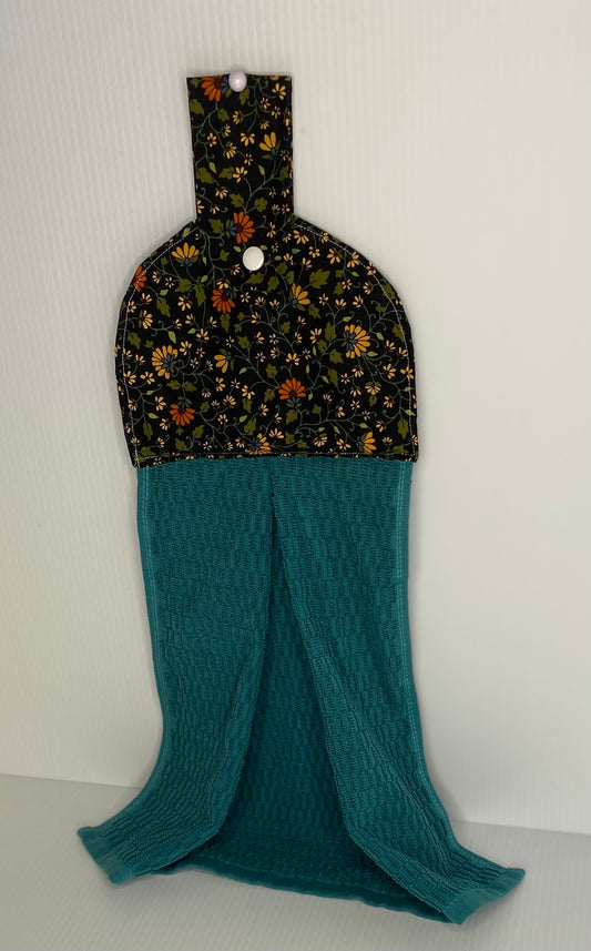Hanging  Hand Towel -Green Towel with orange and yellow Flowers